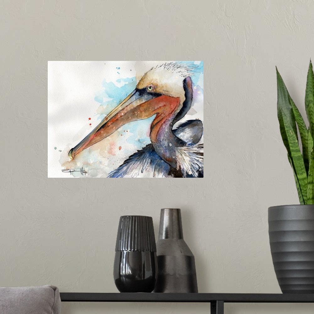 A modern room featuring Watercolor portrait of a brown pelican.