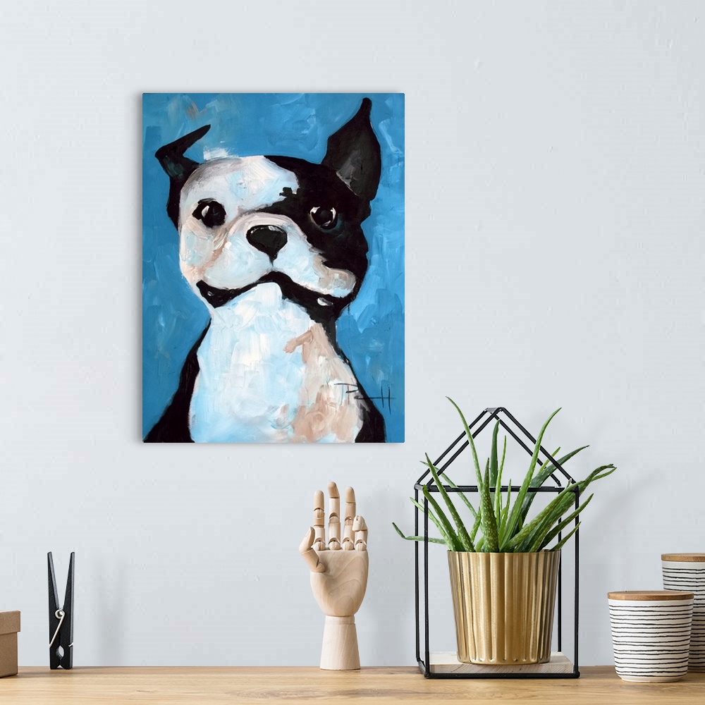 A bohemian room featuring Cute painting of a smiling French bulldog puppy.