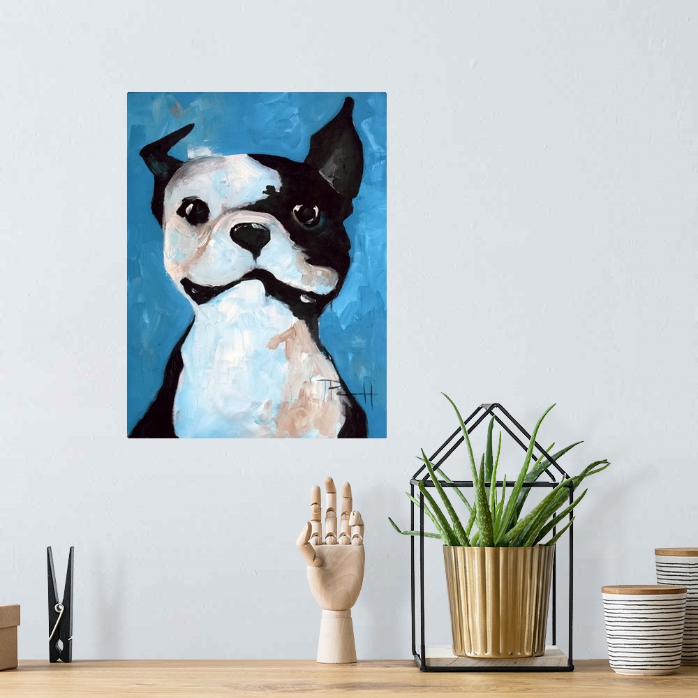 A bohemian room featuring Cute painting of a smiling French bulldog puppy.