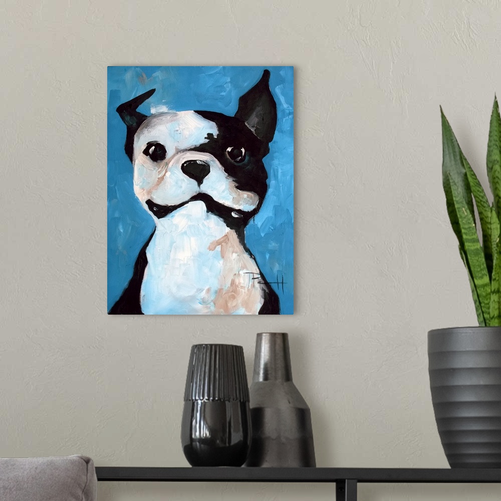 A modern room featuring Cute painting of a smiling French bulldog puppy.