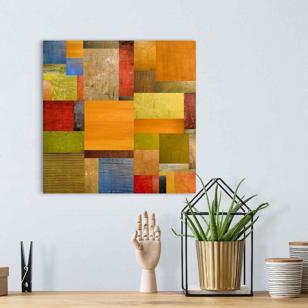 A bohemian room featuring Contemporary colorful abstract artwork.