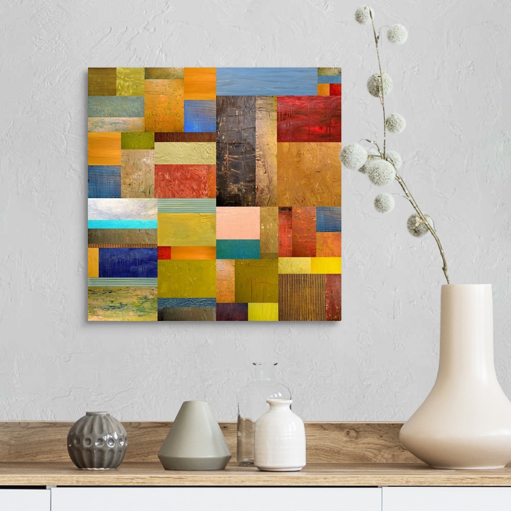 A farmhouse room featuring Contemporary colorful abstract artwork.