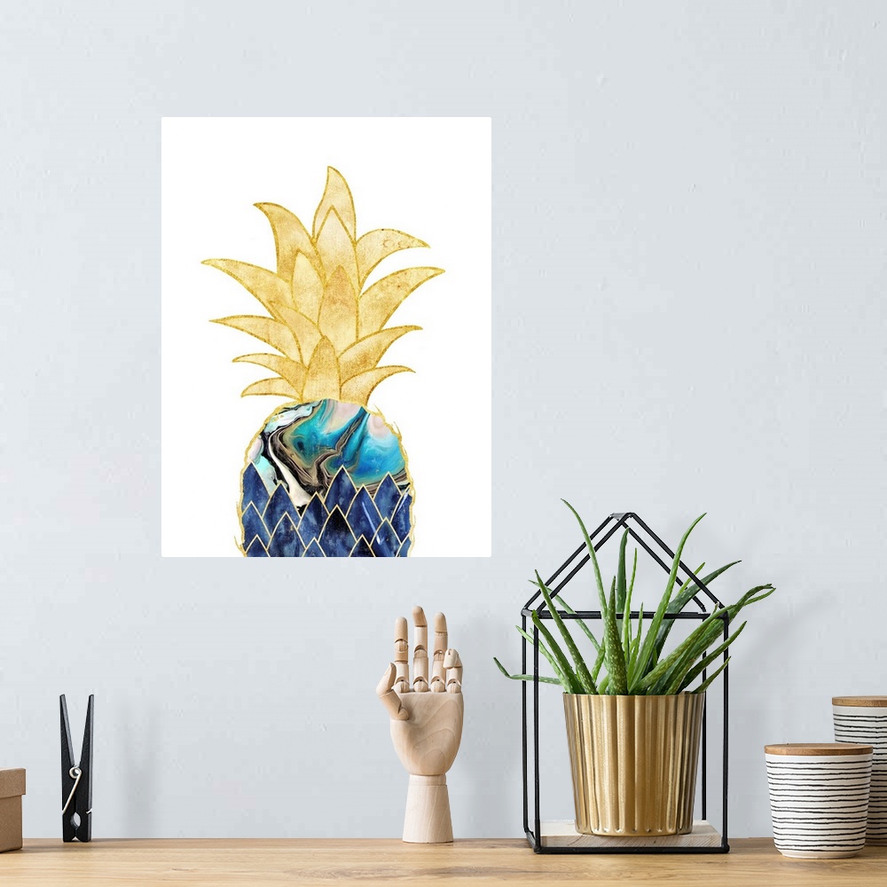 A bohemian room featuring Decorative artwork of a pineapple with a blue marbled effect, outlined in gold with gold leaves, ...