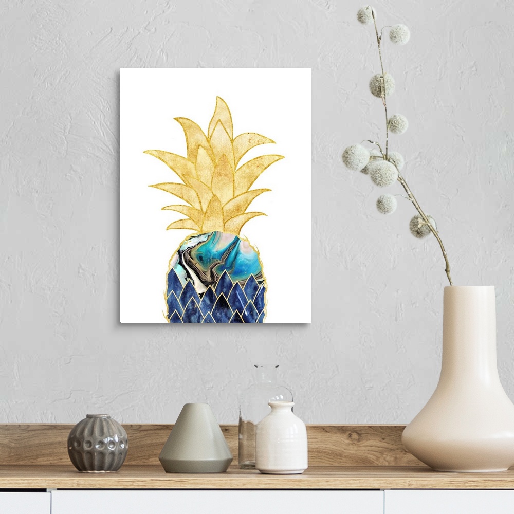 A farmhouse room featuring Decorative artwork of a pineapple with a blue marbled effect, outlined in gold with gold leaves, ...