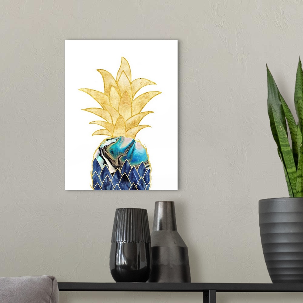 A modern room featuring Decorative artwork of a pineapple with a blue marbled effect, outlined in gold with gold leaves, ...