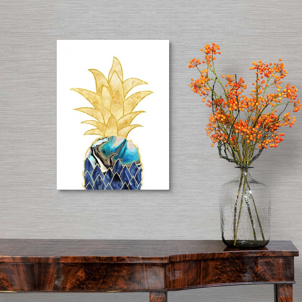 A traditional room featuring Decorative artwork of a pineapple with a blue marbled effect, outlined in gold with gold leaves, ...