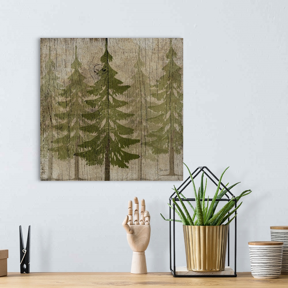 A bohemian room featuring Stylized forest of green pine trees on a faux weathered wooden board.