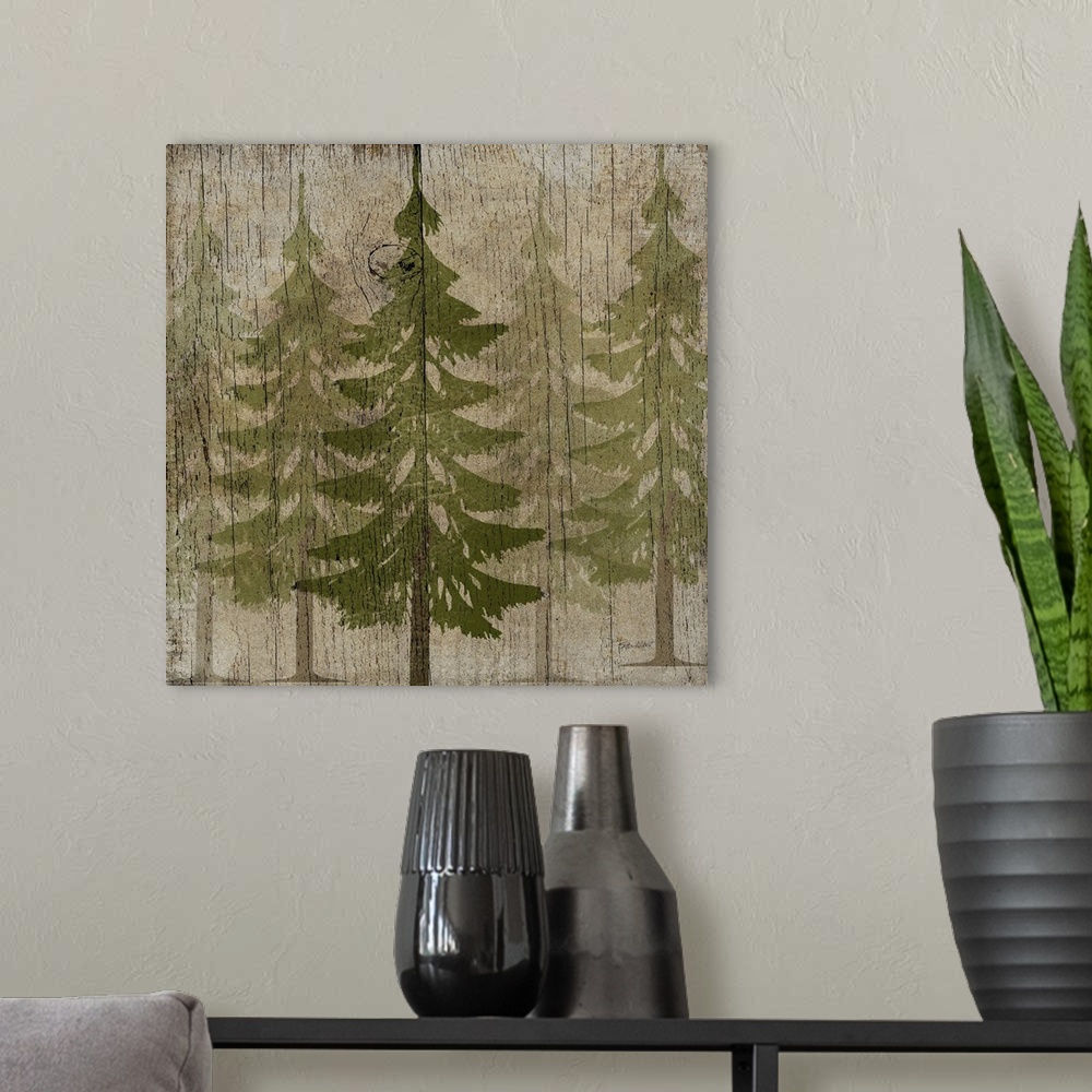 A modern room featuring Stylized forest of green pine trees on a faux weathered wooden board.