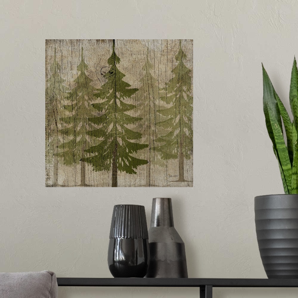A modern room featuring Stylized forest of green pine trees on a faux weathered wooden board.