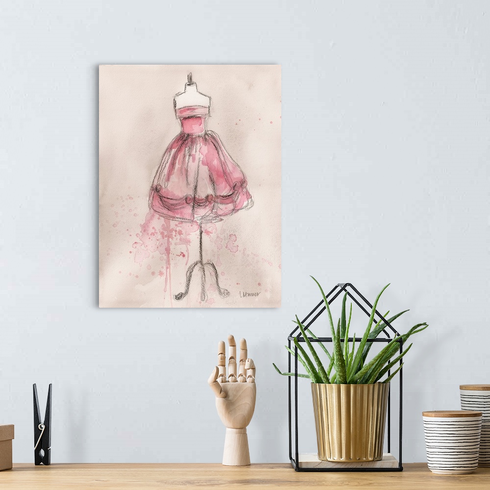 A bohemian room featuring Watercolor painting of a pink dress on a dress form.