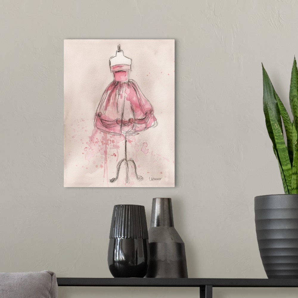 A modern room featuring Watercolor painting of a pink dress on a dress form.