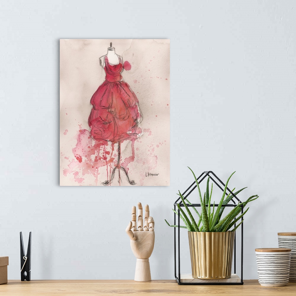 A bohemian room featuring Watercolor painting of a red dress on a dress form.