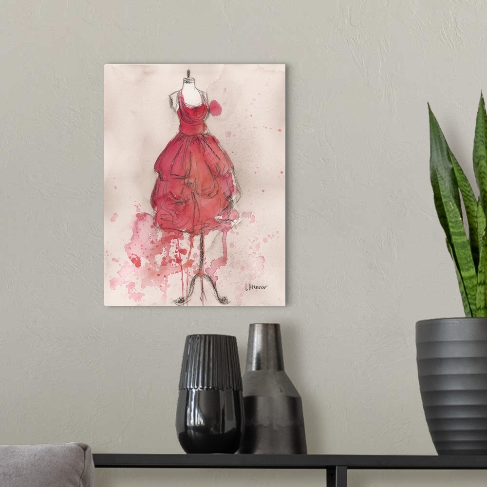 A modern room featuring Watercolor painting of a red dress on a dress form.