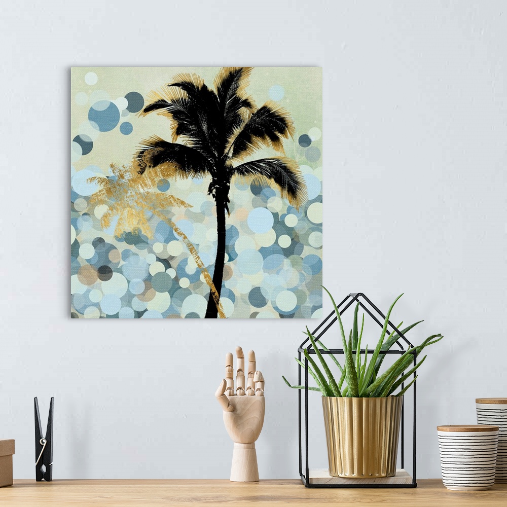 A bohemian room featuring Decorative image of black and gold palm trees over multi-colored circles in varies sizes overlapp...