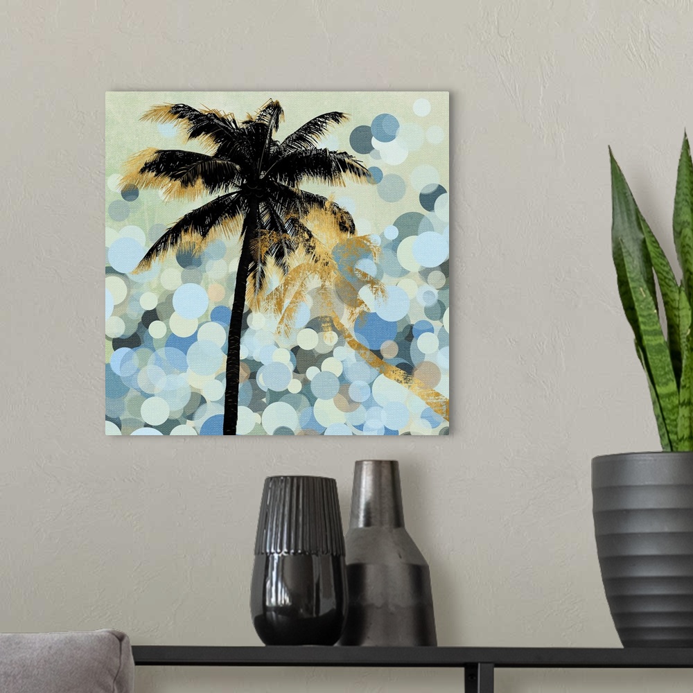 A modern room featuring Decorative image of black and gold palm trees over multi-colored circles in varies sizes overlapp...
