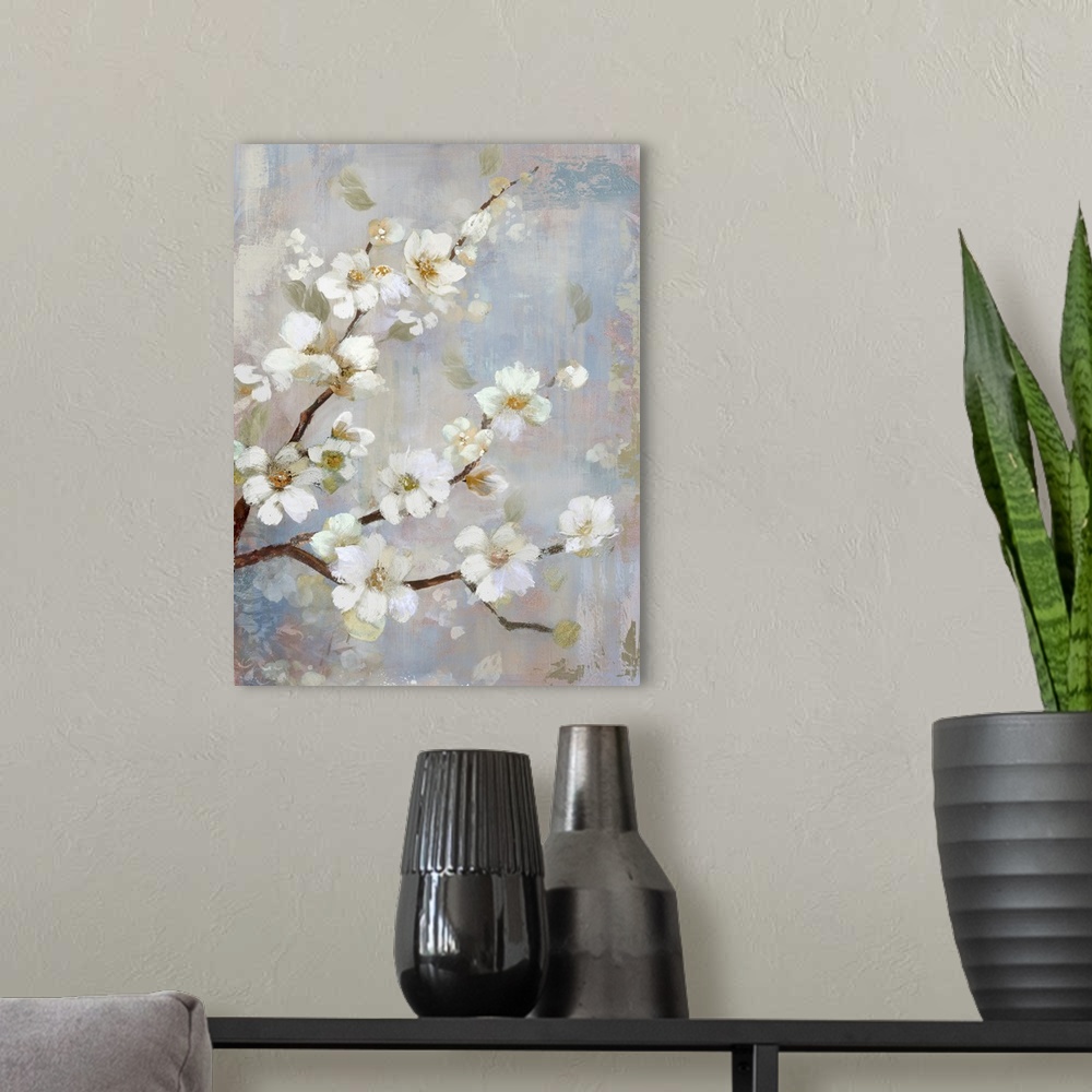 A modern room featuring A contemporary vertical painting of a branch of white cherry blossoms against a neutral backdrop.