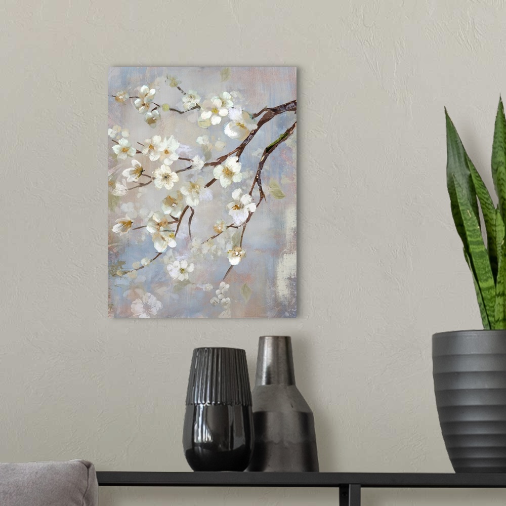 A modern room featuring A contemporary vertical painting of a branch of white cherry blossoms against a neutral backdrop.