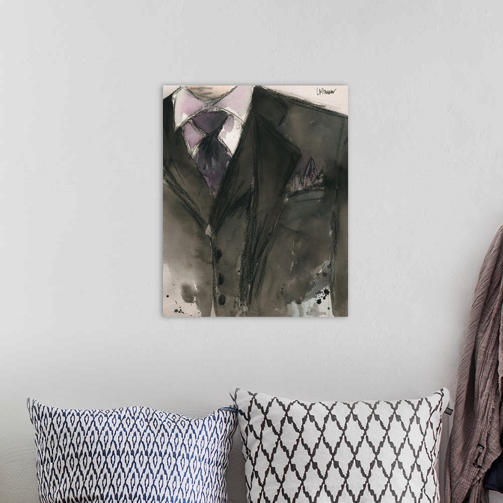 A bohemian room featuring Watercolor painting of a man's suit jacket and tie.