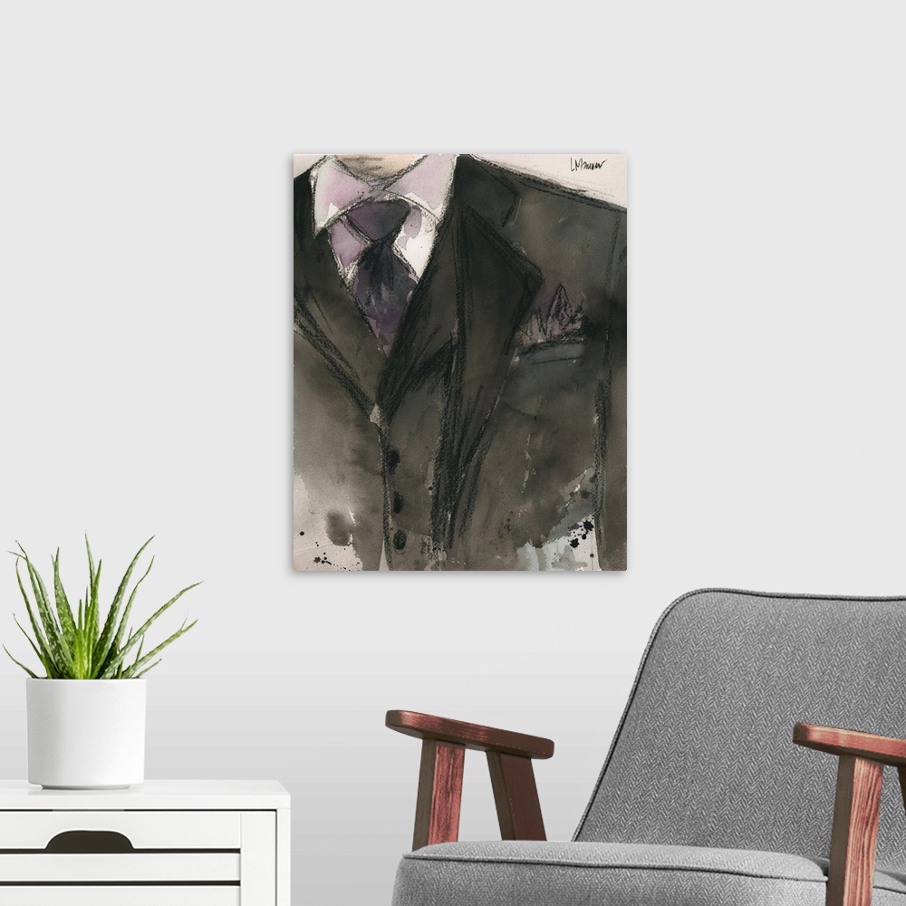 A modern room featuring Watercolor painting of a man's suit jacket and tie.