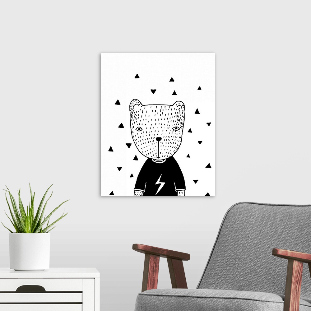 A modern room featuring A creative black and white illustration of a bear wearing a sweater with triangle shapes on the w...