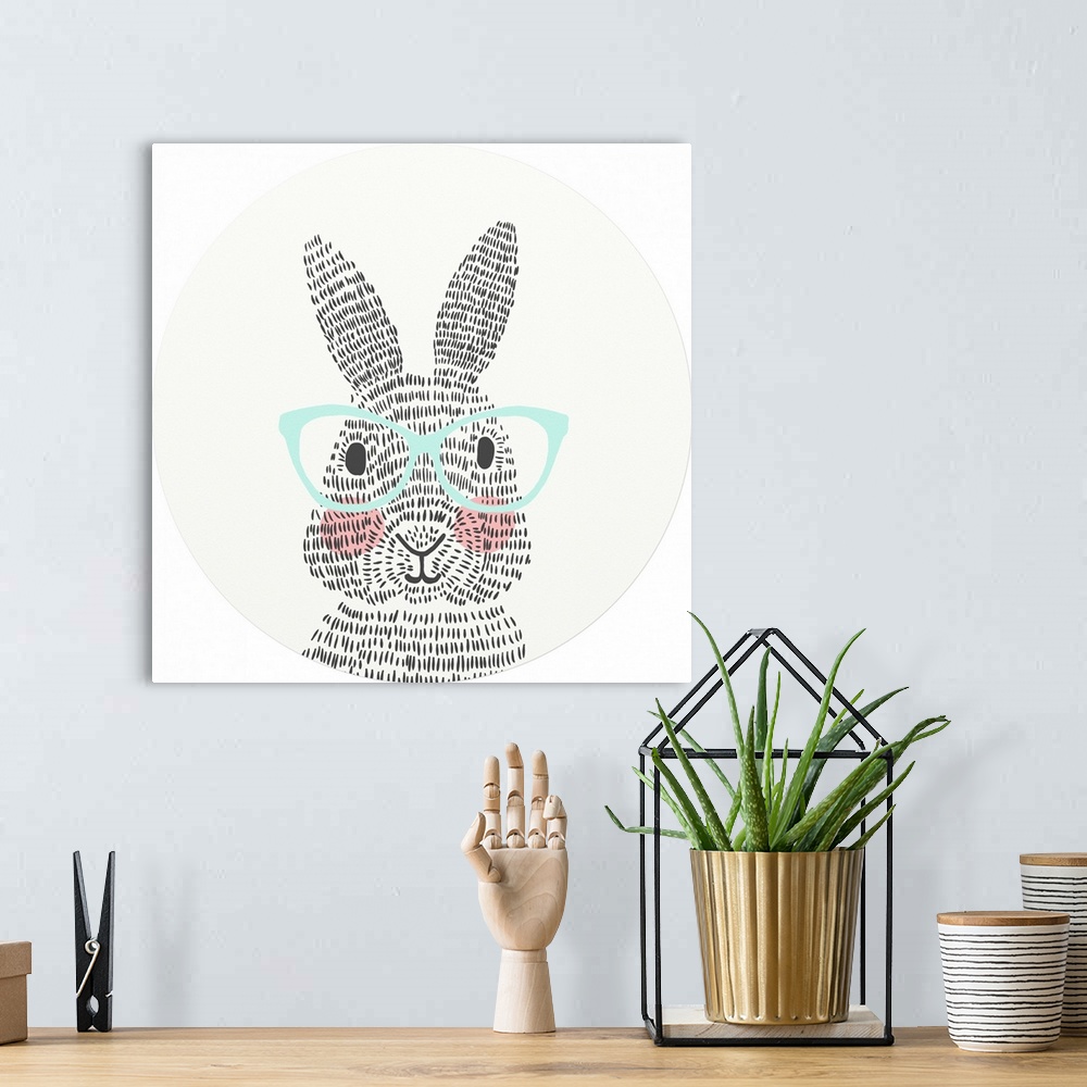 A bohemian room featuring A whimsical illustration of a bunny with pink checks and teal colored eye glasses on a cream colo...