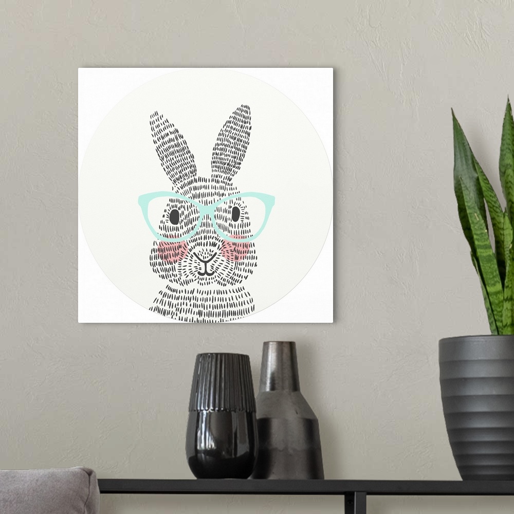 A modern room featuring A whimsical illustration of a bunny with pink checks and teal colored eye glasses on a cream colo...