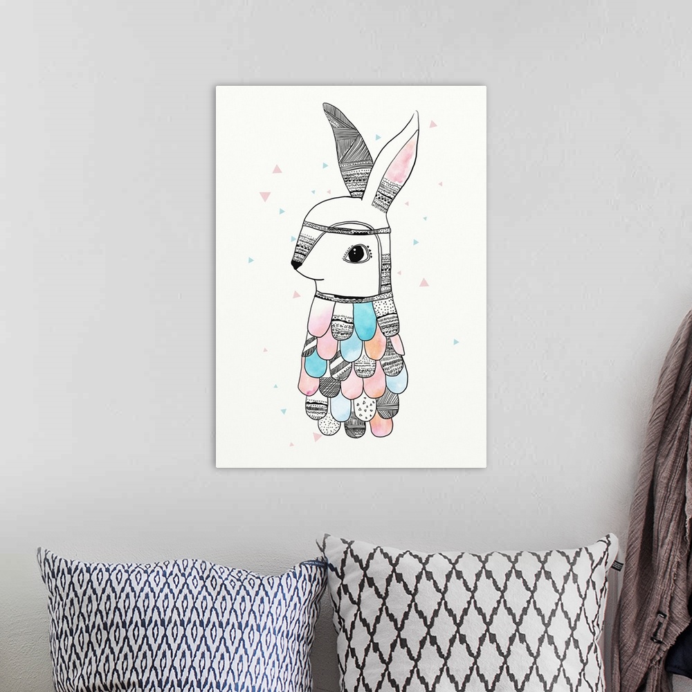 A bohemian room featuring A whimsical illustration of a rabbit with patterned designs on it's ears and body with pastel col...