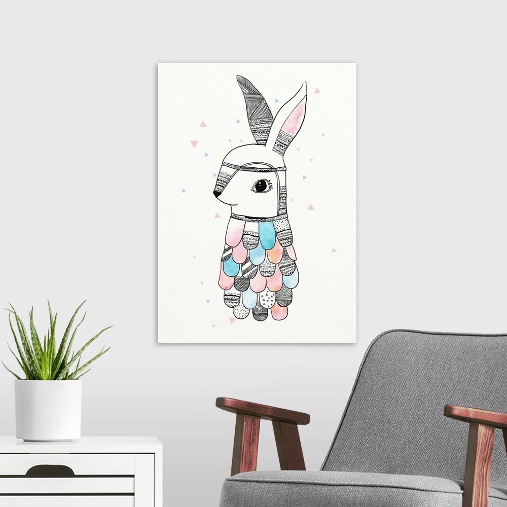 A modern room featuring A whimsical illustration of a rabbit with patterned designs on it's ears and body with pastel col...