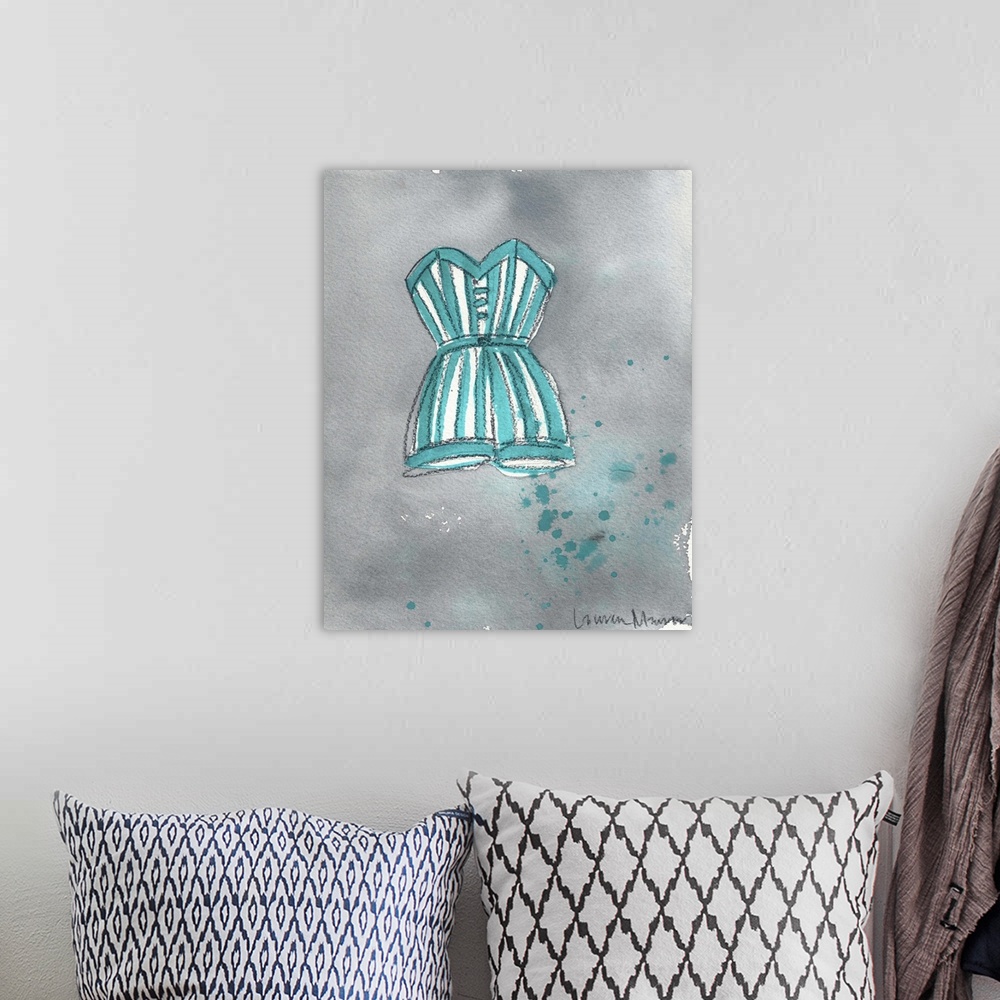 A bohemian room featuring Watercolor painting of a teal striped one piece bathing suit.