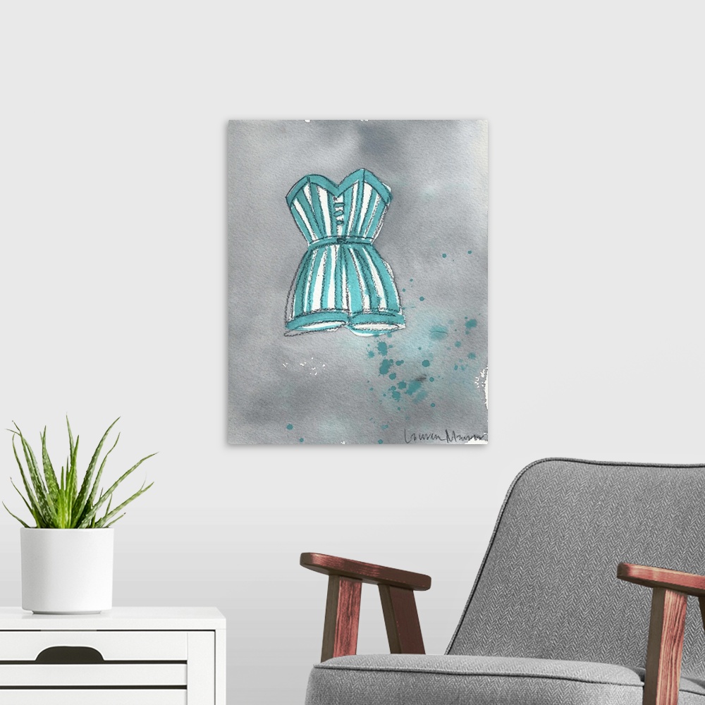 A modern room featuring Watercolor painting of a teal striped one piece bathing suit.