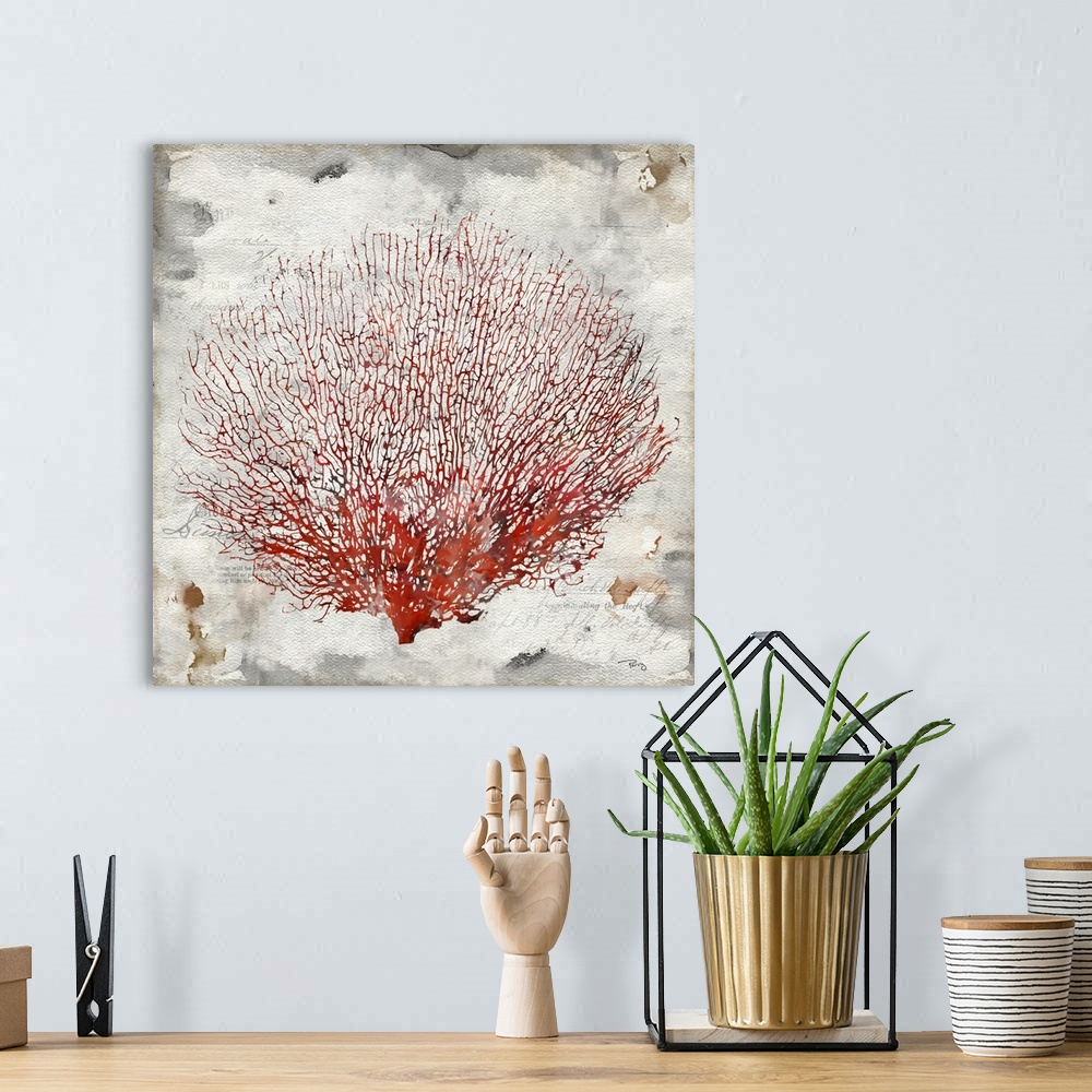 A bohemian room featuring Decorative artwork of red coral on a distressed gray background with glances of text throughout.