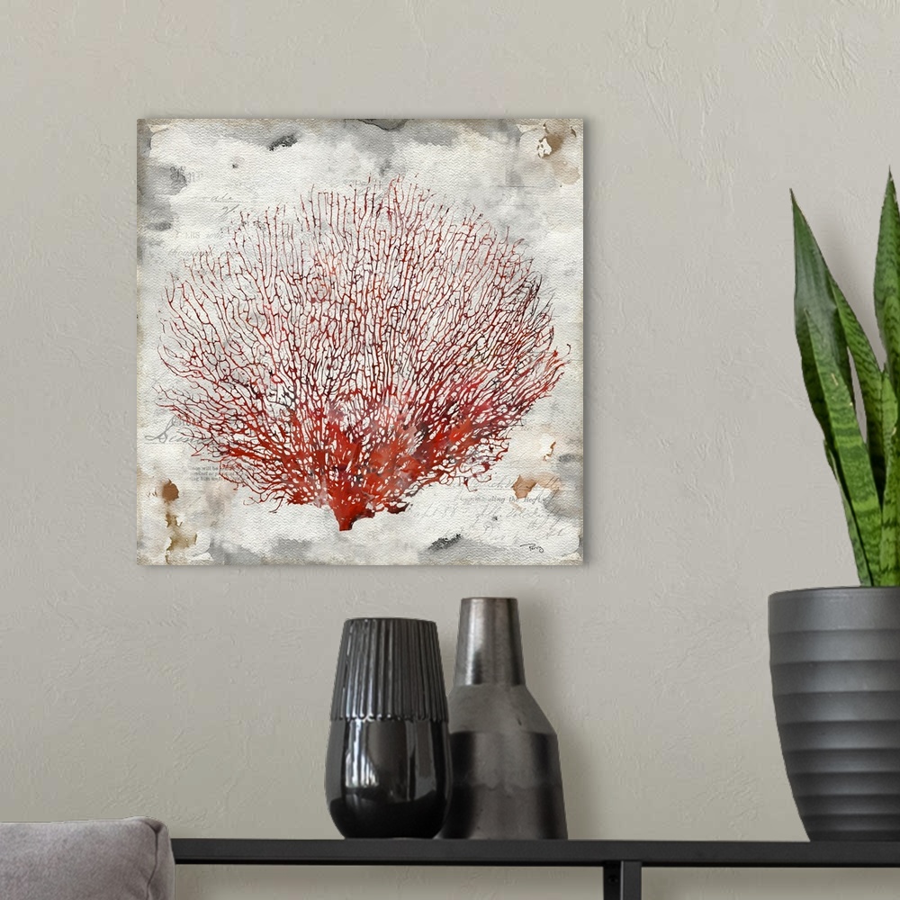 A modern room featuring Decorative artwork of red coral on a distressed gray background with glances of text throughout.