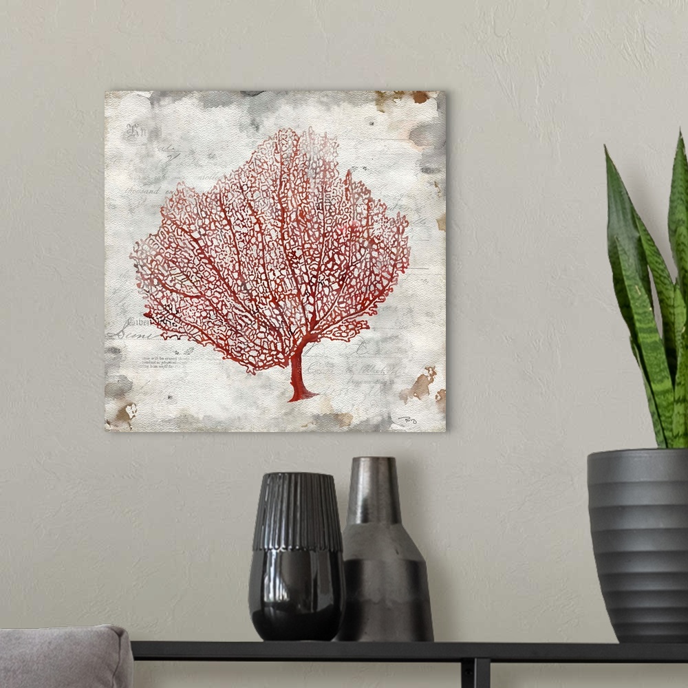 A modern room featuring Decorative artwork of red coral on a distressed gray background with glances of text throughout.