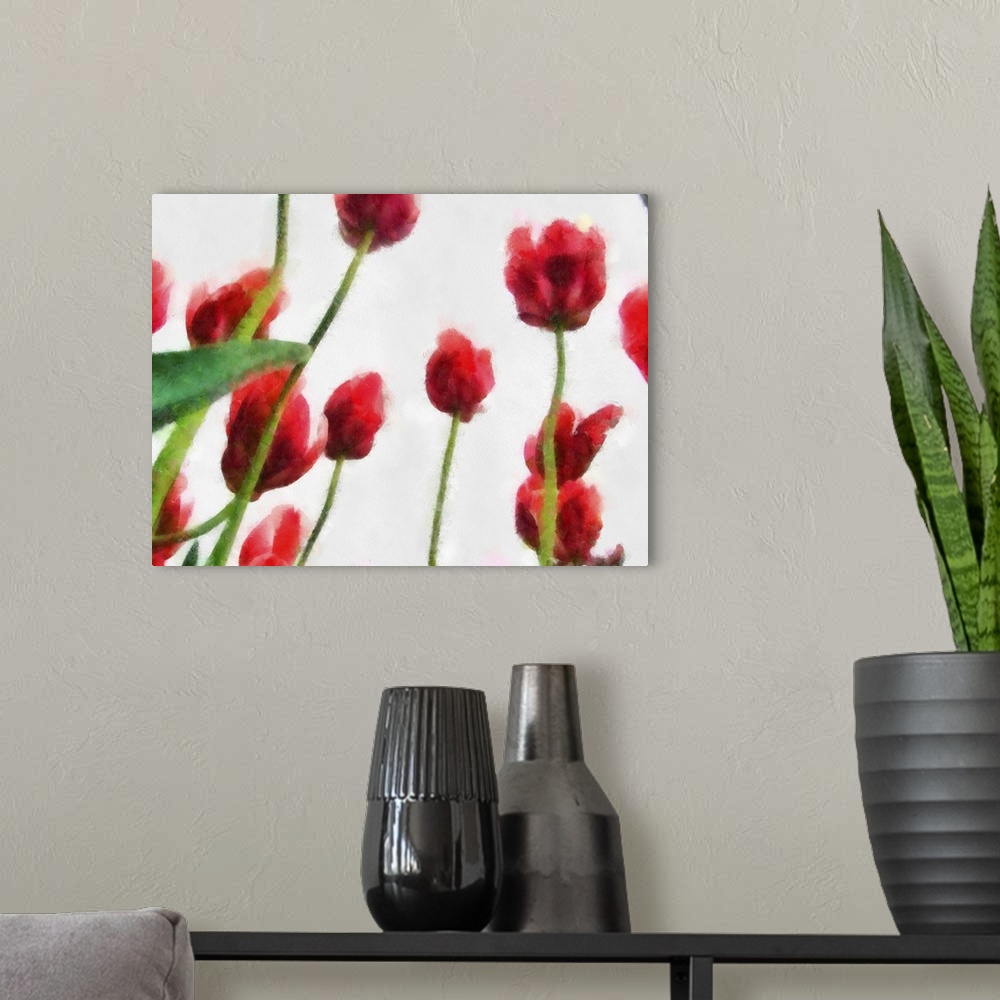 A modern room featuring Red Tulips from the Bottom Up I