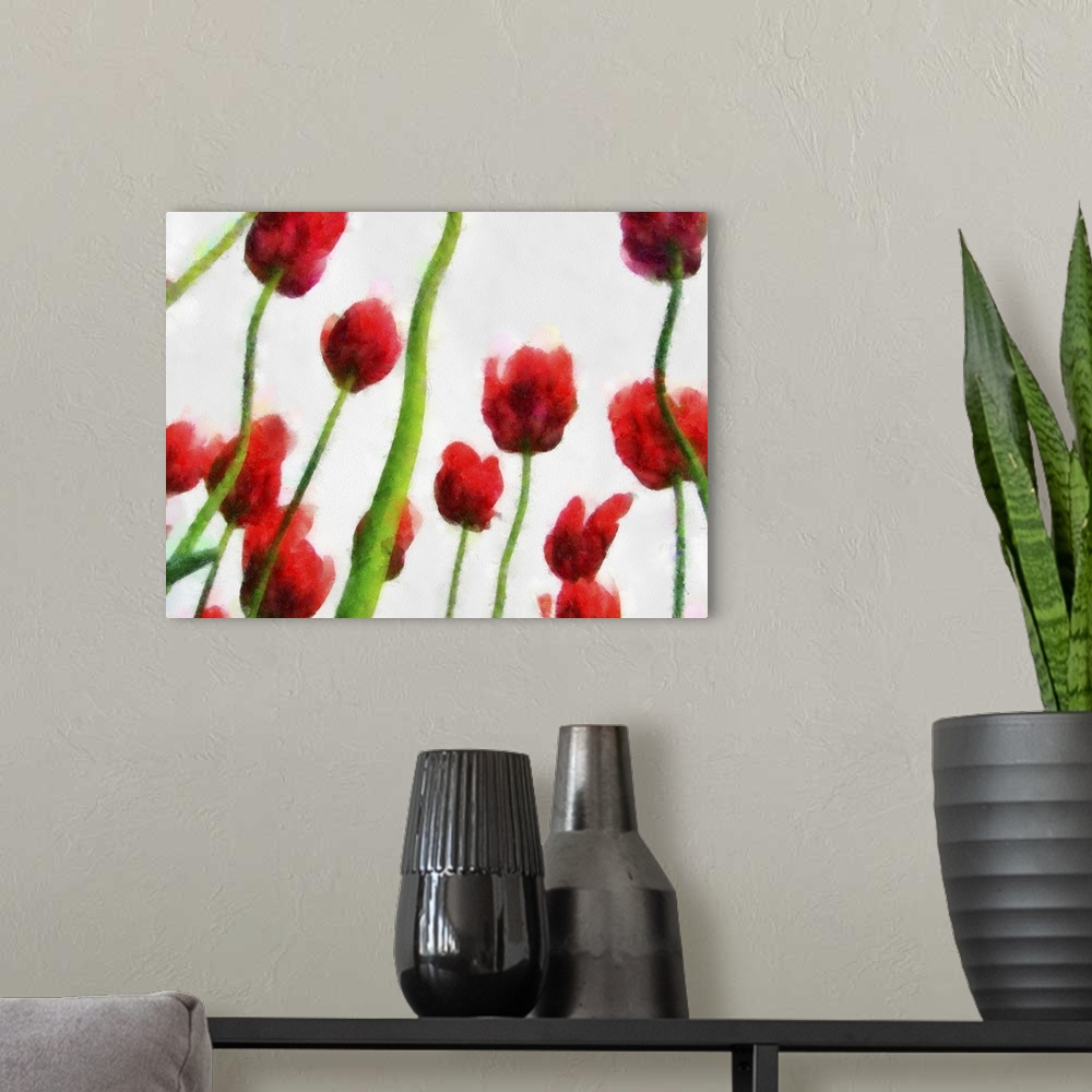 A modern room featuring Red Tulips from the Bottom Up II