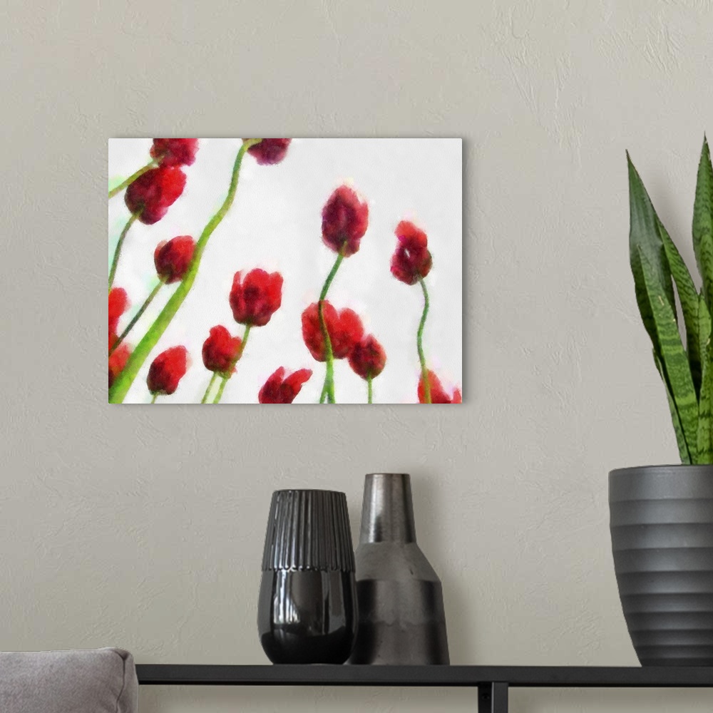 A modern room featuring Red Tulips from the Bottom Up III