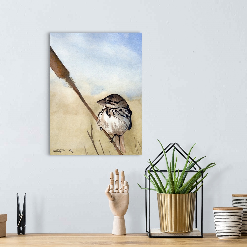 A bohemian room featuring A small sparrow perched on a cattail.