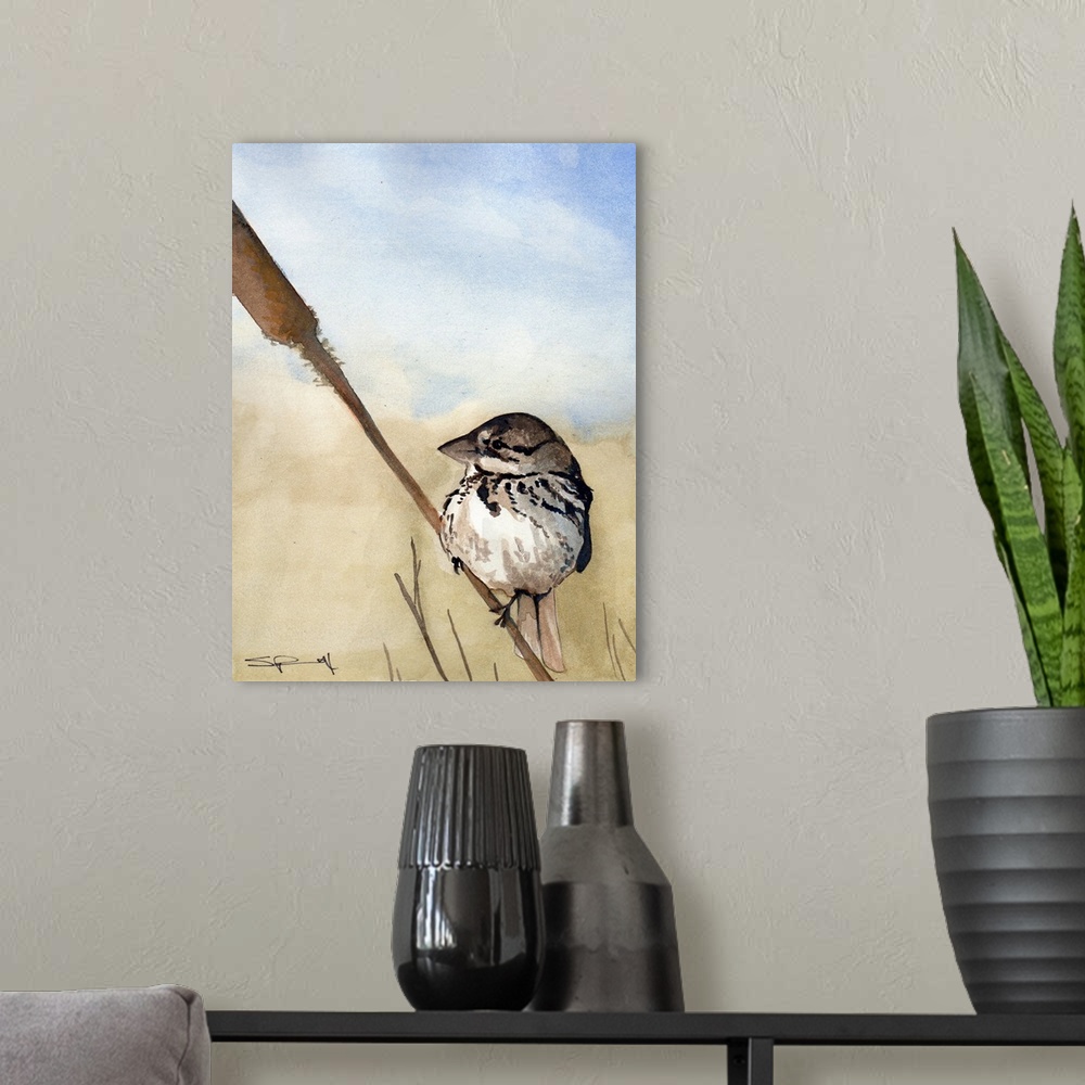 A modern room featuring A small sparrow perched on a cattail.