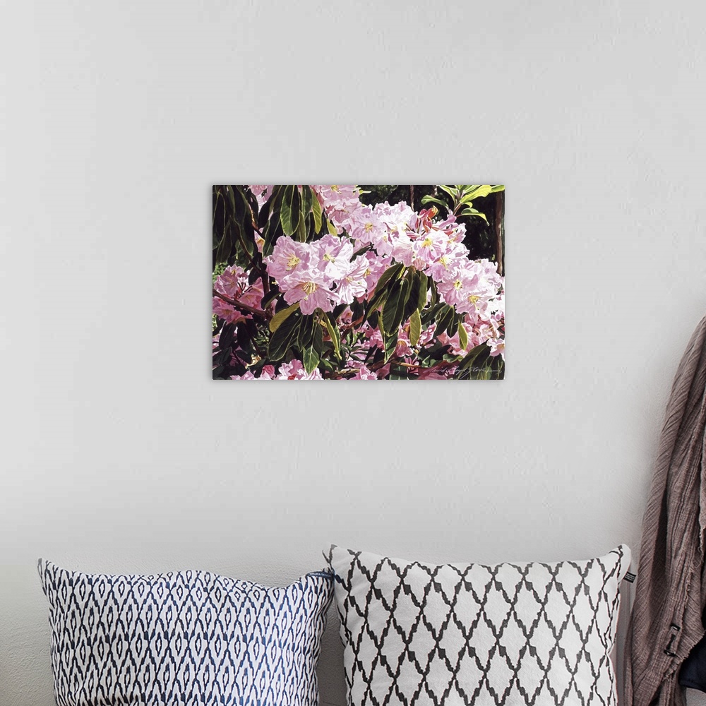 A bohemian room featuring Still life painting of pink rhododendrons.