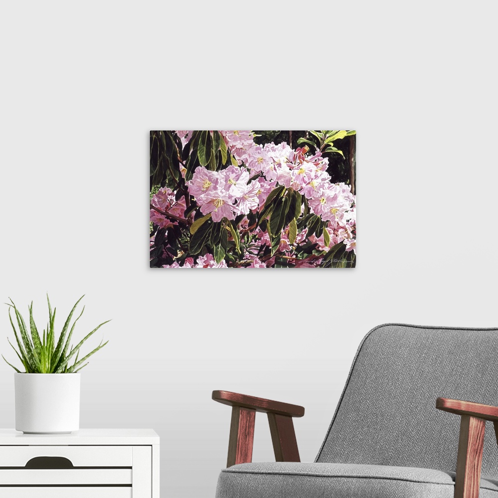 A modern room featuring Still life painting of pink rhododendrons.