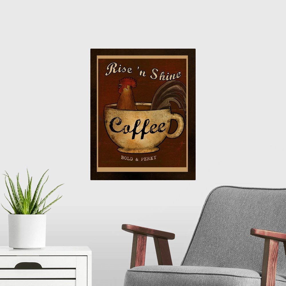 A modern room featuring Kitchen decor of a rooster in a mug of coffee.