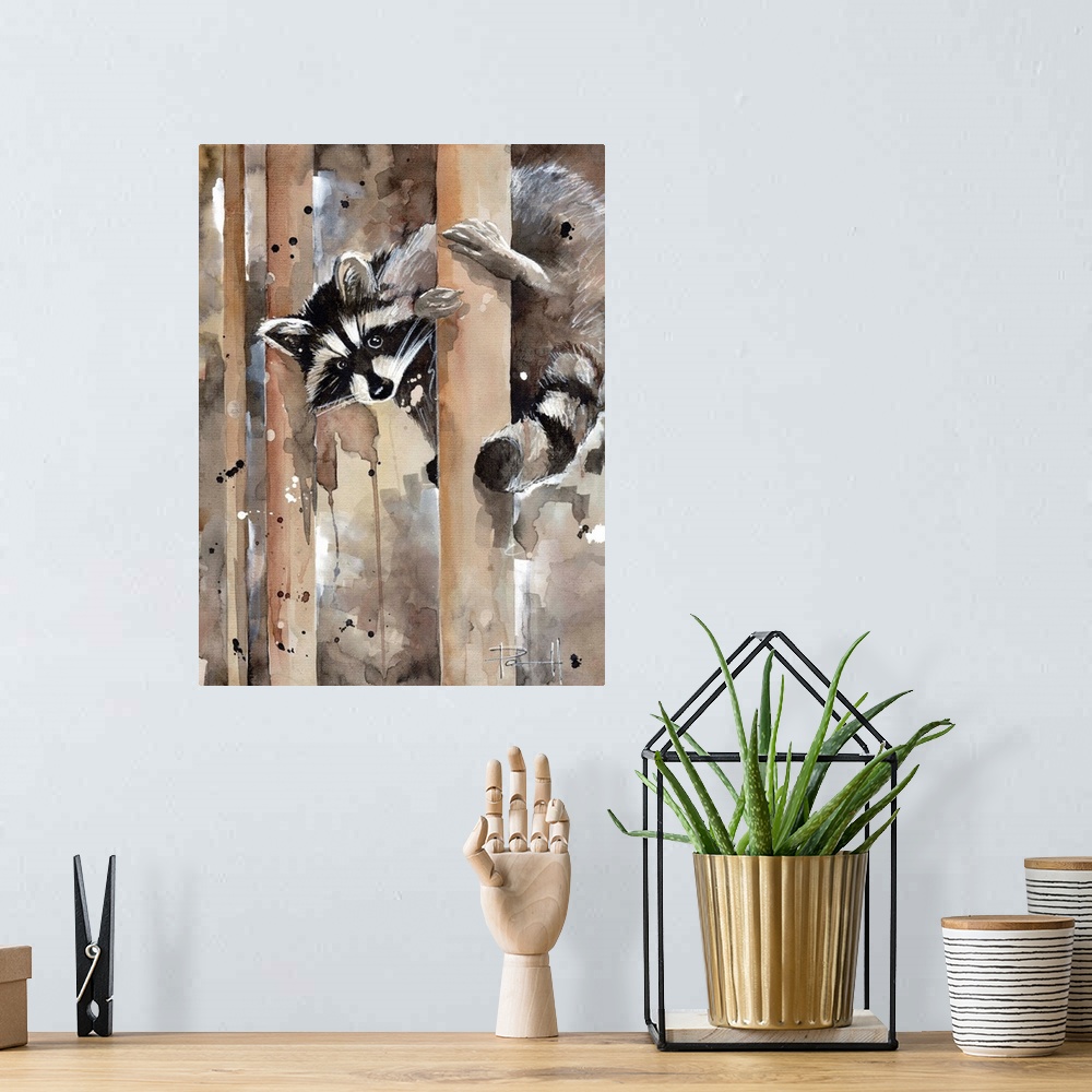 A bohemian room featuring Watercolor painting of a raccoon climbing a tree.