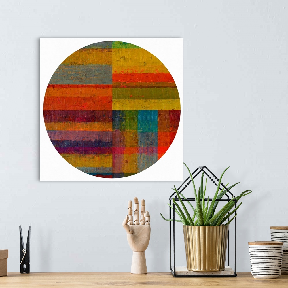 A bohemian room featuring Abstract colorful stripes inside a circle shape.