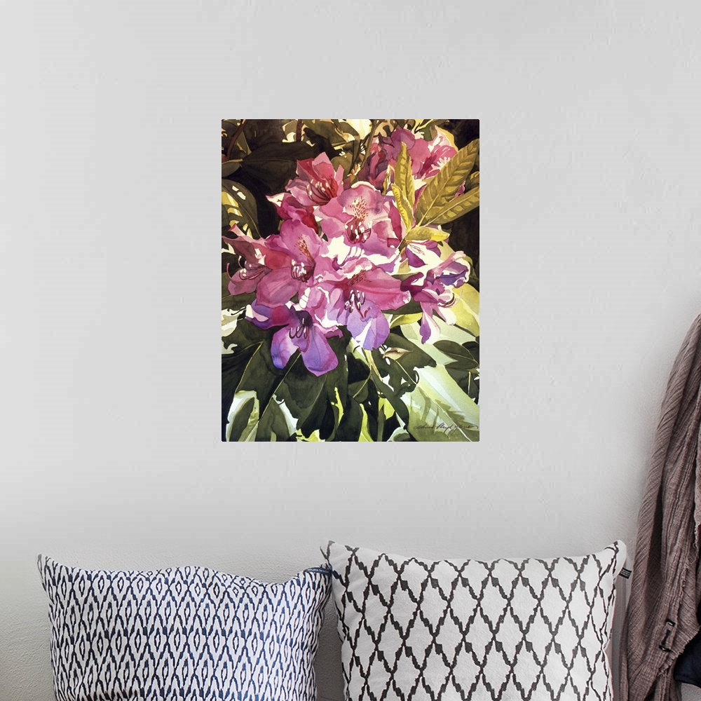 A bohemian room featuring Painting of a group of pink rhododendrons.