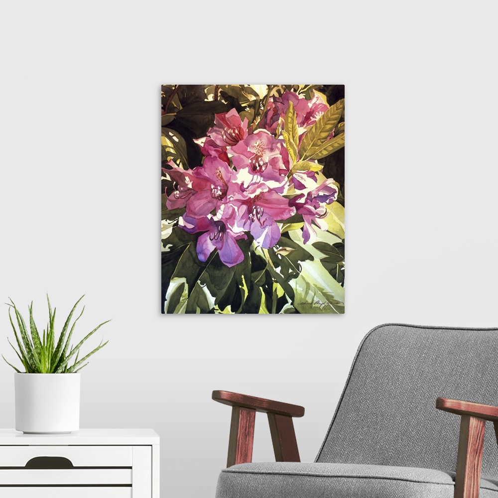 A modern room featuring Painting of a group of pink rhododendrons.