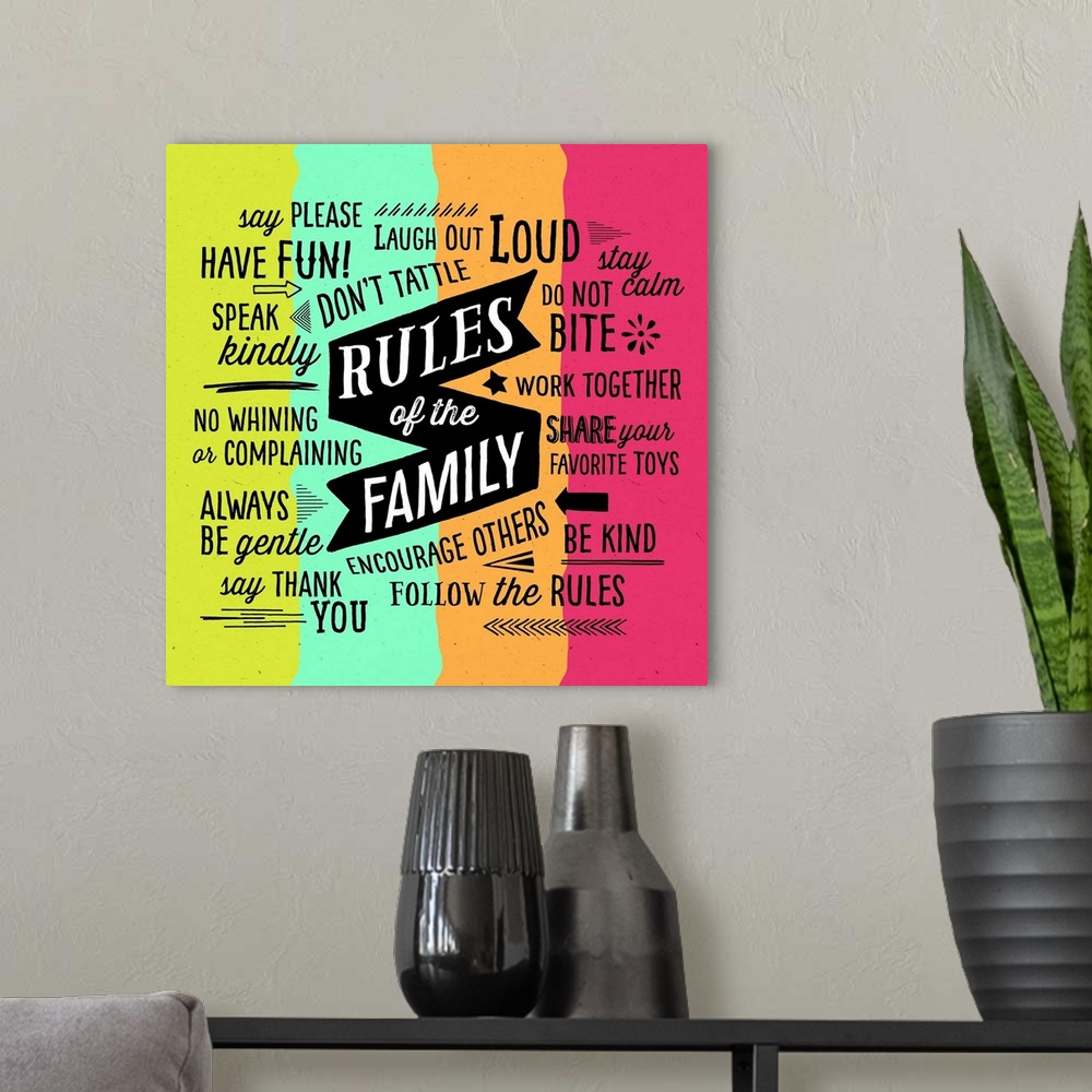 A modern room featuring Rules of the Family