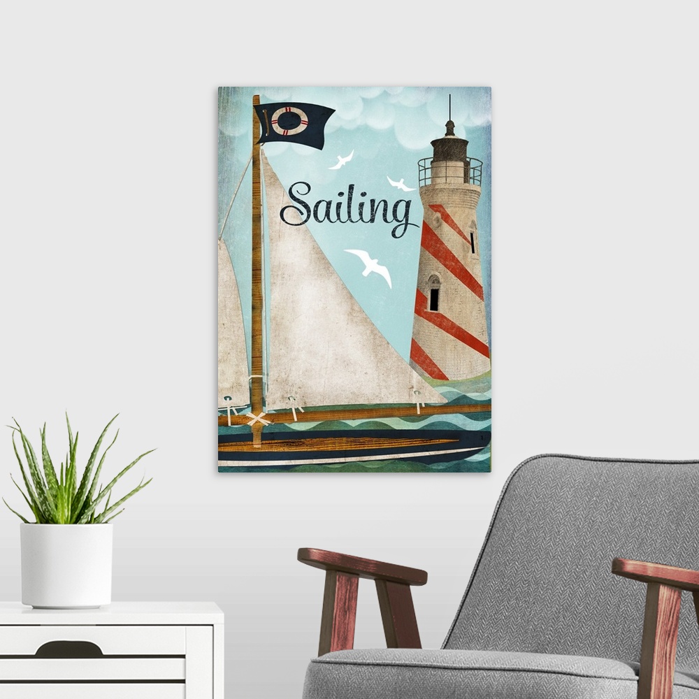A modern room featuring Illustration of a sailboat on the water near a striped lighthouse.