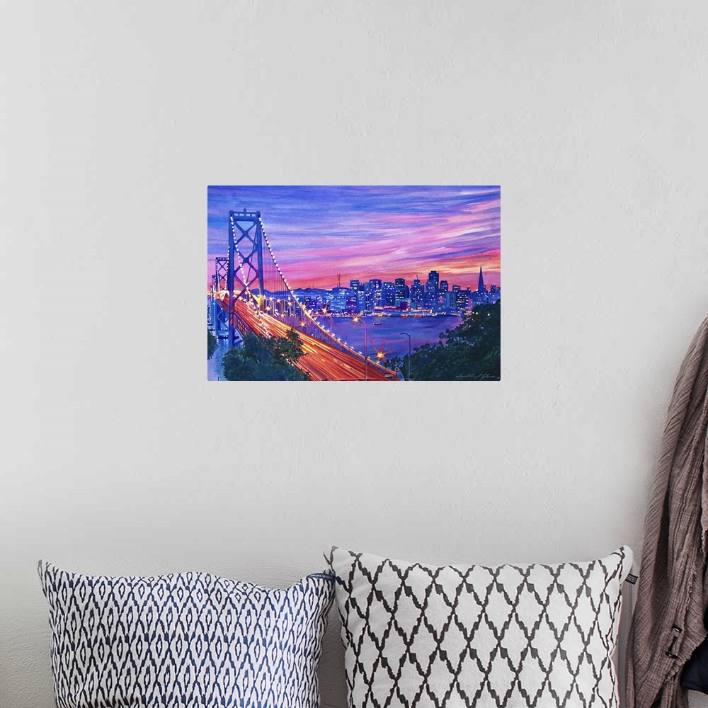 A bohemian room featuring Painting of the San Francisco Bay Bridge at dusk with the city lights in the distance.
