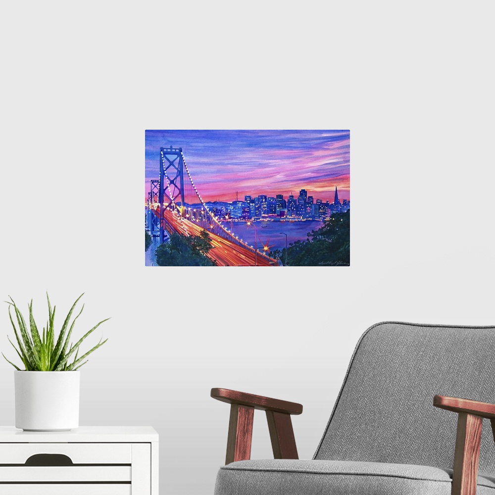 A modern room featuring Painting of the San Francisco Bay Bridge at dusk with the city lights in the distance.