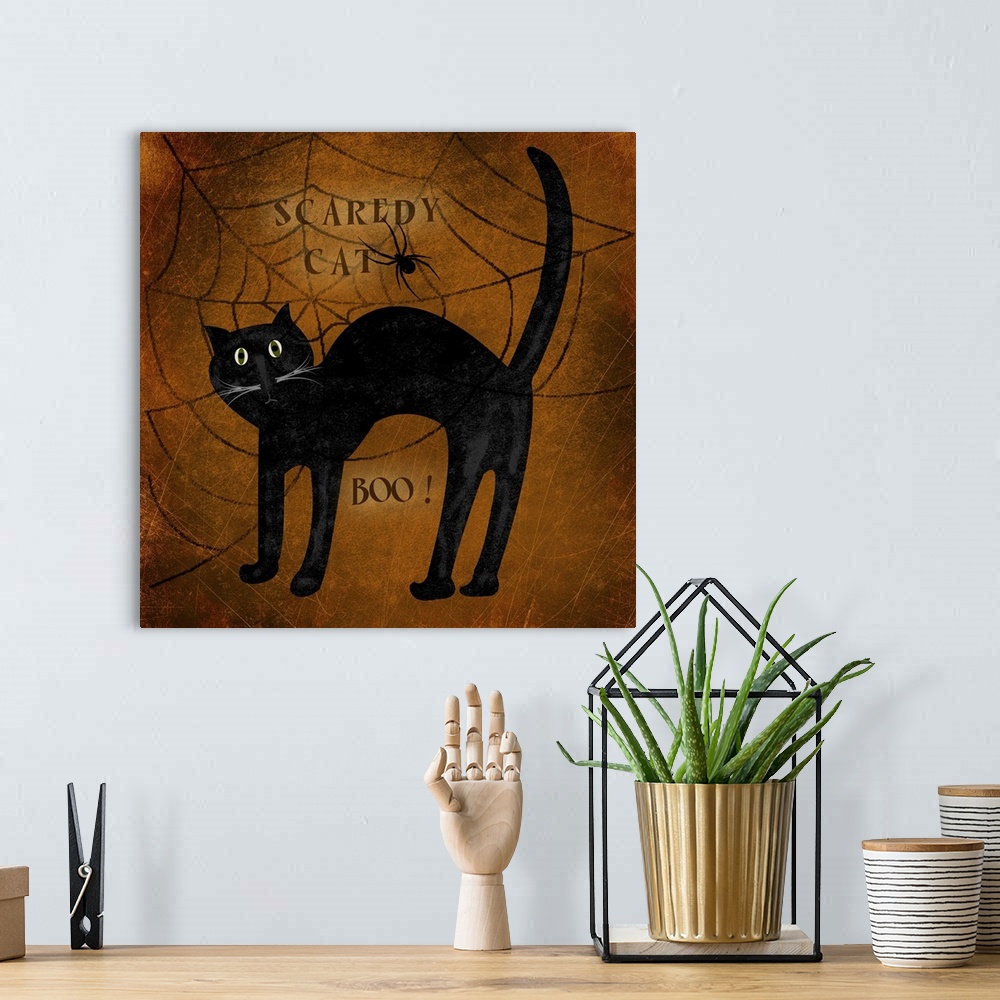 A bohemian room featuring Halloween decor featuring a black cat and a spiderweb.